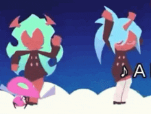 a couple of cartoon characters are standing next to each other on a cloud in the sky .