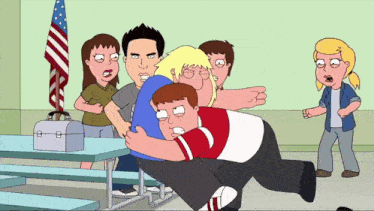 a group of cartoon characters are fighting in a school hallway