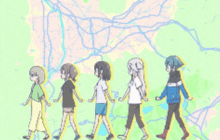 a group of anime characters are walking in a line with a map in the background