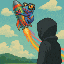 an illustration of a frog on a rocket with a rainbow trail
