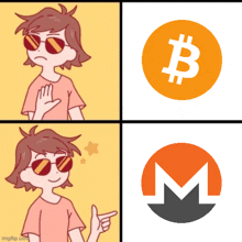 a cartoon of a girl with sunglasses pointing at a bitcoin logo