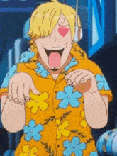 a cartoon character with a heart in his eye and his tongue hanging out