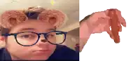 a boy wearing glasses and a bear ear filter next to a picture of a hand