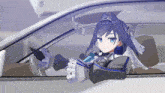 a girl with blue hair is sitting in a car with her head out the window