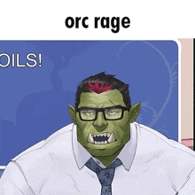 a cartoon of an orc with glasses and a red mohawk .