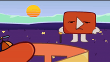 a cartoon drawing of a red square with a play button on its face