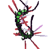 a pixel art drawing of a green and red caterpillar on a white background