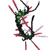 a pixel art drawing of a green and red caterpillar on a white background