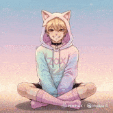 a drawing of a boy wearing a pink hoodie that says zox