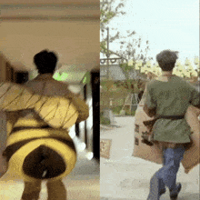 a man in a bee costume and a man in a green shirt are walking down a sidewalk