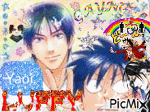 a picture of luffy and yaoi with a rainbow