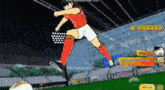 a cartoon of a soccer player kicking a soccer ball on a field .