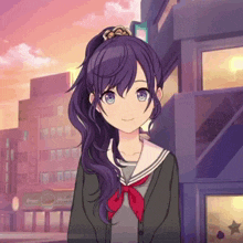 a girl with purple hair and blue eyes is smiling
