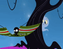 a cartoon character laying in a hammock with a ghost behind him