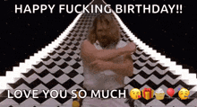 a happy fucking birthday greeting card with a man dancing on a checkered floor