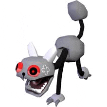 a 3d rendering of a robotic cat with red eyes and a clover on its face .