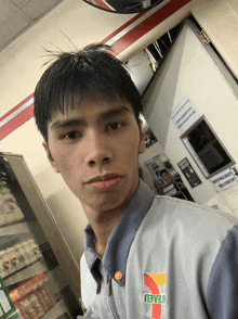 a young man wearing a 7 eleven jacket