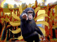 a painting of a chimpanzee pointing at the viewer