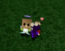 a couple of cartoon characters standing next to each other on a grassy field .