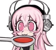 a drawing of a girl wearing headphones and holding a spoon full of red liquid