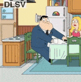 a cartoon of a man and a woman sitting at a table with dlsv written in the corner