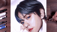 a person is drawing a woman with blue hair