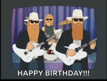 a cartoon of three men playing guitars with the words happy birthday in the corner
