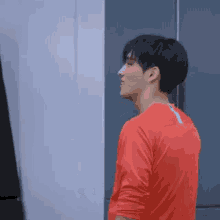a young man wearing a red shirt is standing in front of a wall .
