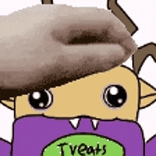 a cartoon character wearing a hat and a purple scarf with the words treats on it .