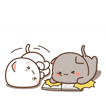 a cartoon drawing of two cats laying next to each other with one reading a book