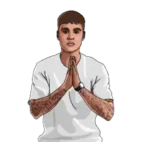 a cartoon drawing of justin bieber with his hands folded