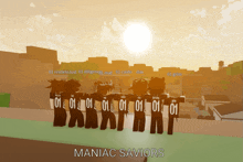 a group of people standing next to each other with the words maniac saviors in the corner