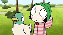 a cartoon character holding a duck with a green beak