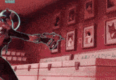 a cartoon drawing of a person holding a gun in front of a wall with pictures of cats on it