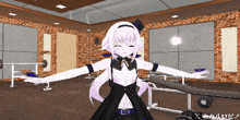 a girl with purple hair is standing in a gym with a brick wall