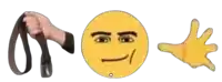 a hand holding a belt next to a smiley face and a hand
