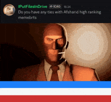 a man in a suit and tie with a cigarette in his mouth is being asked if he has any ties