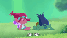 a troll sitting next to another troll with the words oh no behind them