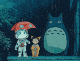 a totoro is standing next to a boy and a robot holding an umbrella in the rain