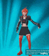 a woman is dancing in front of a blue background
