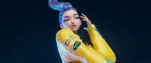 a cartoon girl with purple hair is wearing a yellow jacket with a playstation logo on the sleeves .