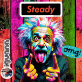 a colorful albert einstein making a funny face with his tongue out