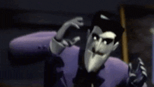 a close up of a cartoon character in a purple shirt and tie .