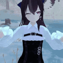 a girl with a cat ear is wearing a white shirt and a black corset