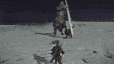 a man with a bow and arrow is standing in a snowy field