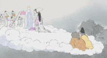 a drawing of a woman in a pink dress surrounded by other people