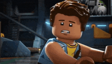 a close up of a lego man making a funny face
