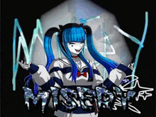 a picture of a girl with blue hair and the word mystery