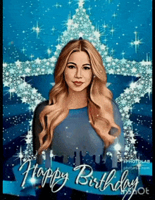 a woman is standing in front of a christmas tree with the words happy birthday written on the bottom