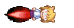 a pixel art of a girl laying on her back with a red bullet coming out of her mouth .